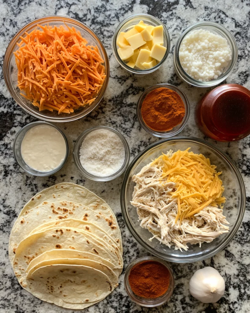 Golden-brown air fryer spicy chicken and cheese wraps sliced in half, showing the melty cheese and juicy chicken filling inside
