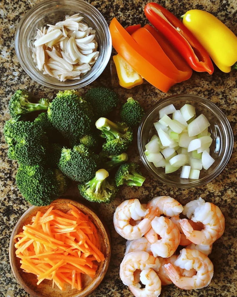 A plate of stir-fried shrimp and broccoli with a savory garlic-ginger sauce, served over steamed rice.