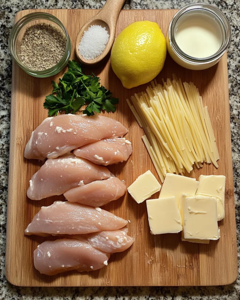 Lemon Garlic Butter Chicken Bites with Parmesan Linguine, garnished with parsley and Parmesan, served on a white plate.