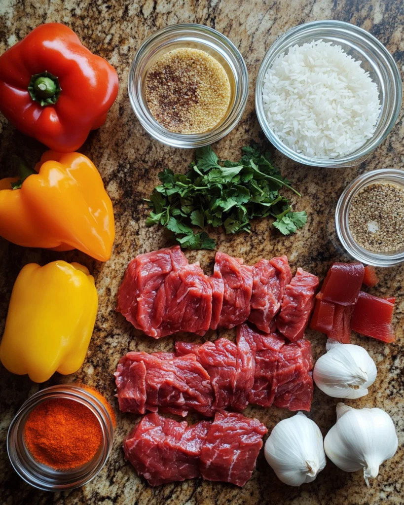 Juicy Cajun-seasoned steak bites over fluffy ranch-flavored rice in a skillet, garnished with fresh parsley and green onions.