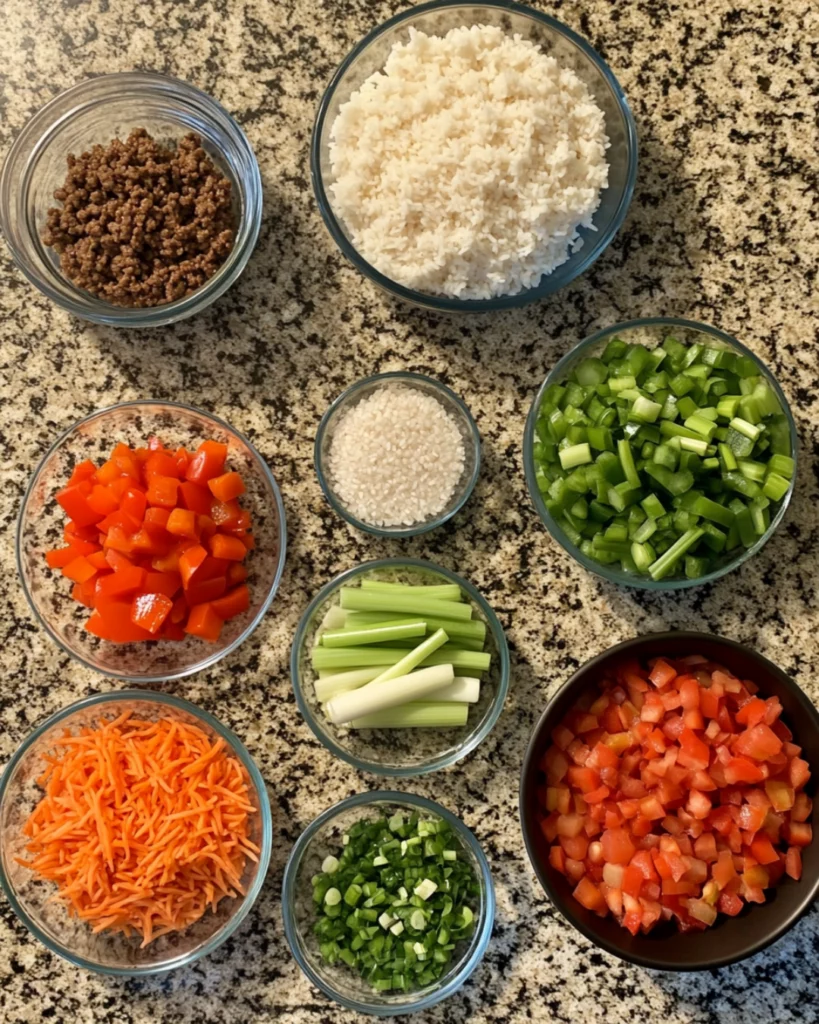 A plate of homemade Dirty Rice with Ground Beef, garnished with fresh green onions and parsley for a flavorful Southern-style meal.