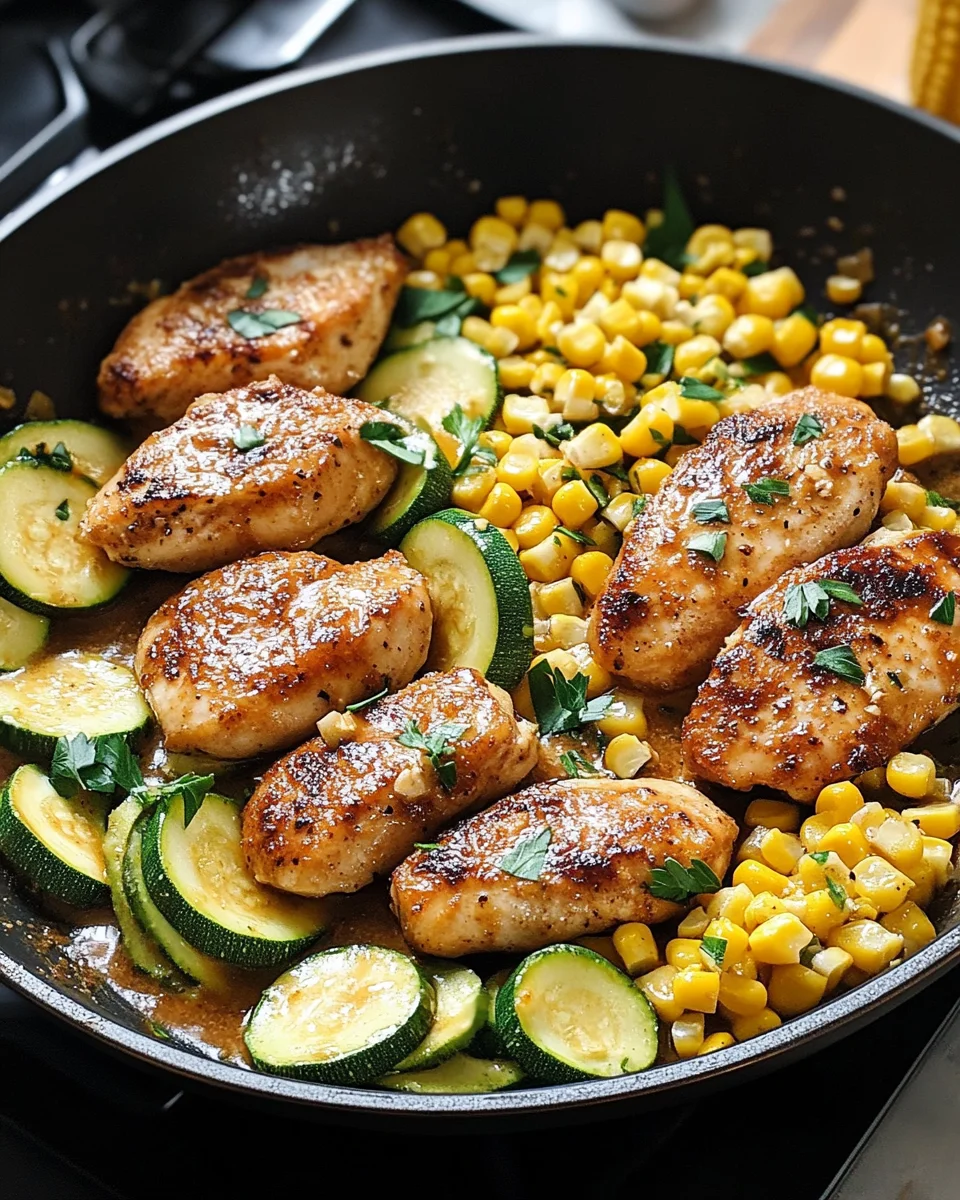 Garlic butter chicken, crisp zucchini, and sweet corn