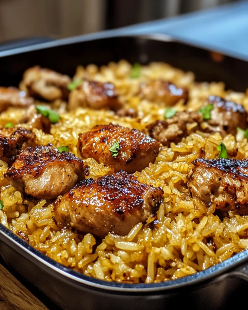 Golden baked chicken thighs on fluffy seasoned rice in a baking dish