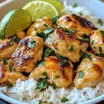 Coconut Lime Chicken with Rice served with fresh herbs and fluffy white rice