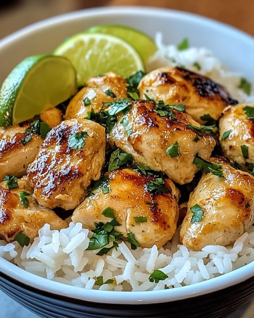 Coconut Lime Chicken with Rice served with fresh herbs and fluffy white rice