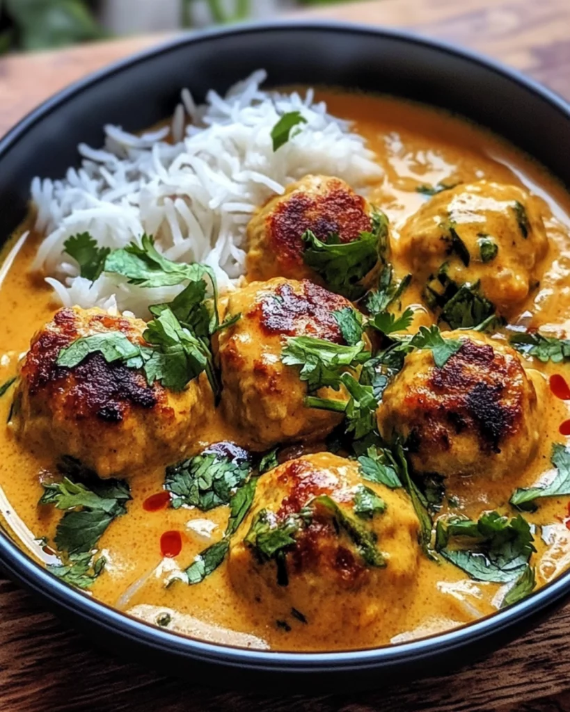 Juicy Thai chicken meatballs served in a creamy coconut curry sauce with fresh herbs and rice.