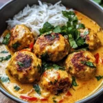 Juicy Thai chicken meatballs served in a creamy coconut curry sauce with fresh herbs and rice.
