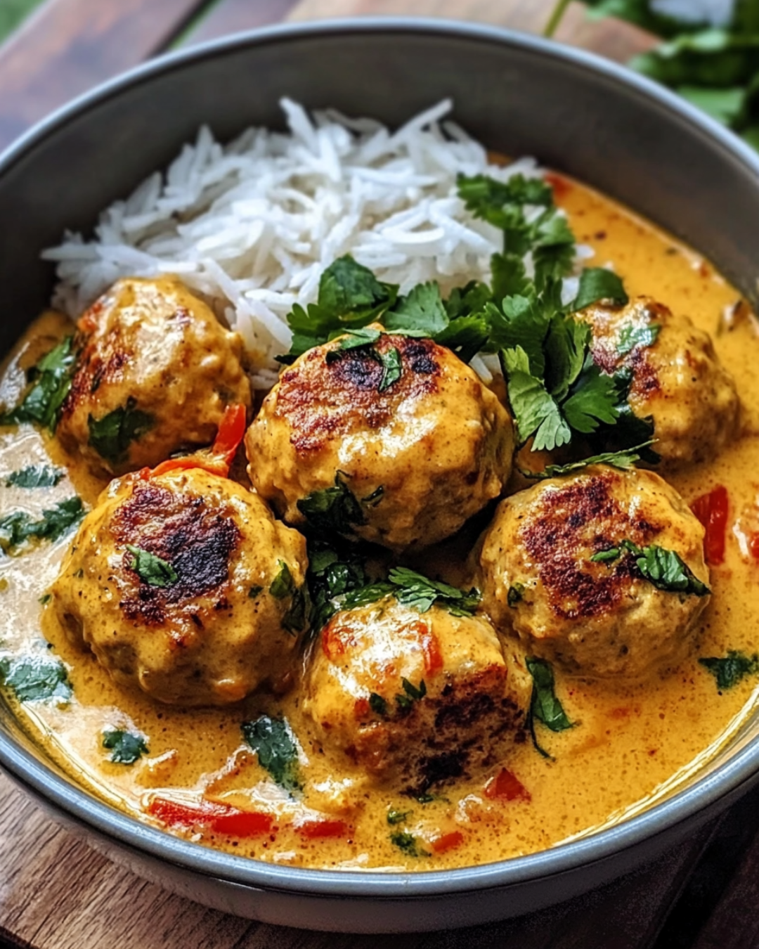 Juicy Thai chicken meatballs served in a creamy coconut curry sauce with fresh herbs and rice.