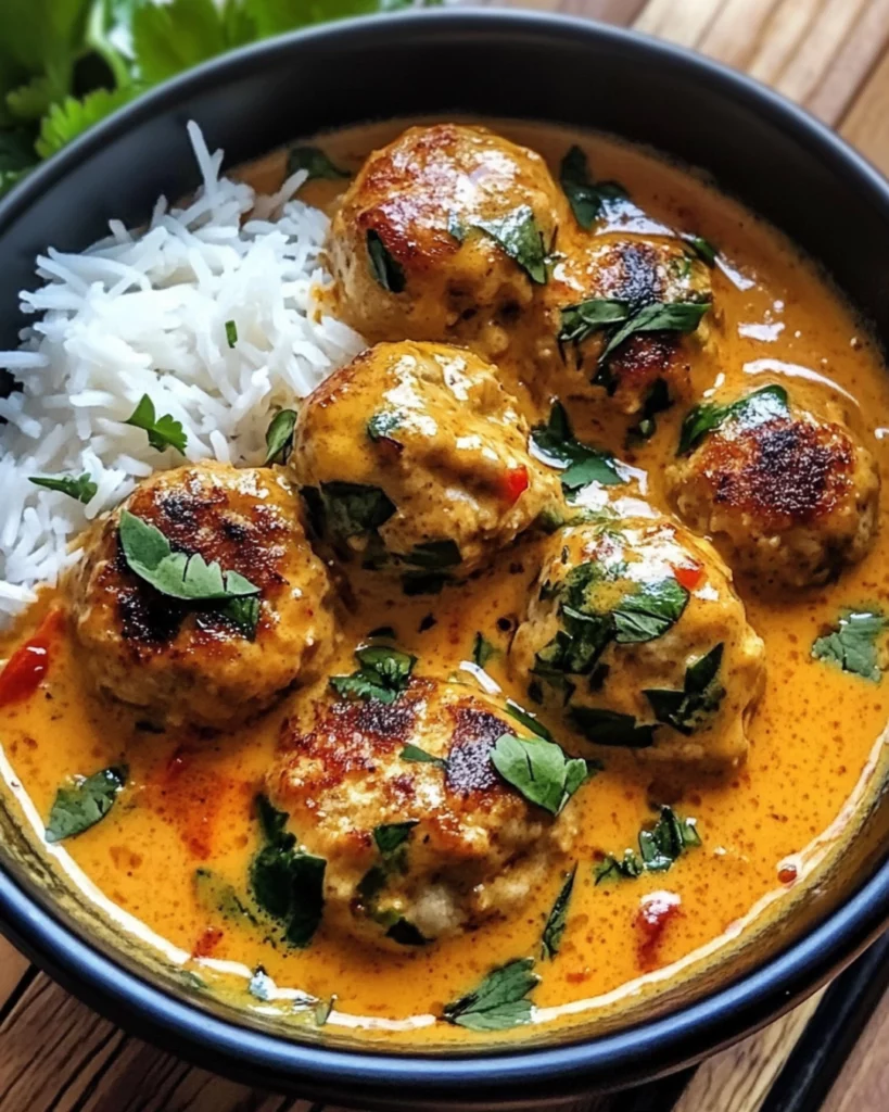 Juicy Thai chicken meatballs served in a creamy coconut curry sauce with fresh herbs and rice.