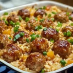 Baked honey garlic rice meatballs in casserole dish