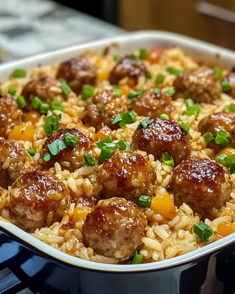 Baked honey garlic rice meatballs in casserole dish
