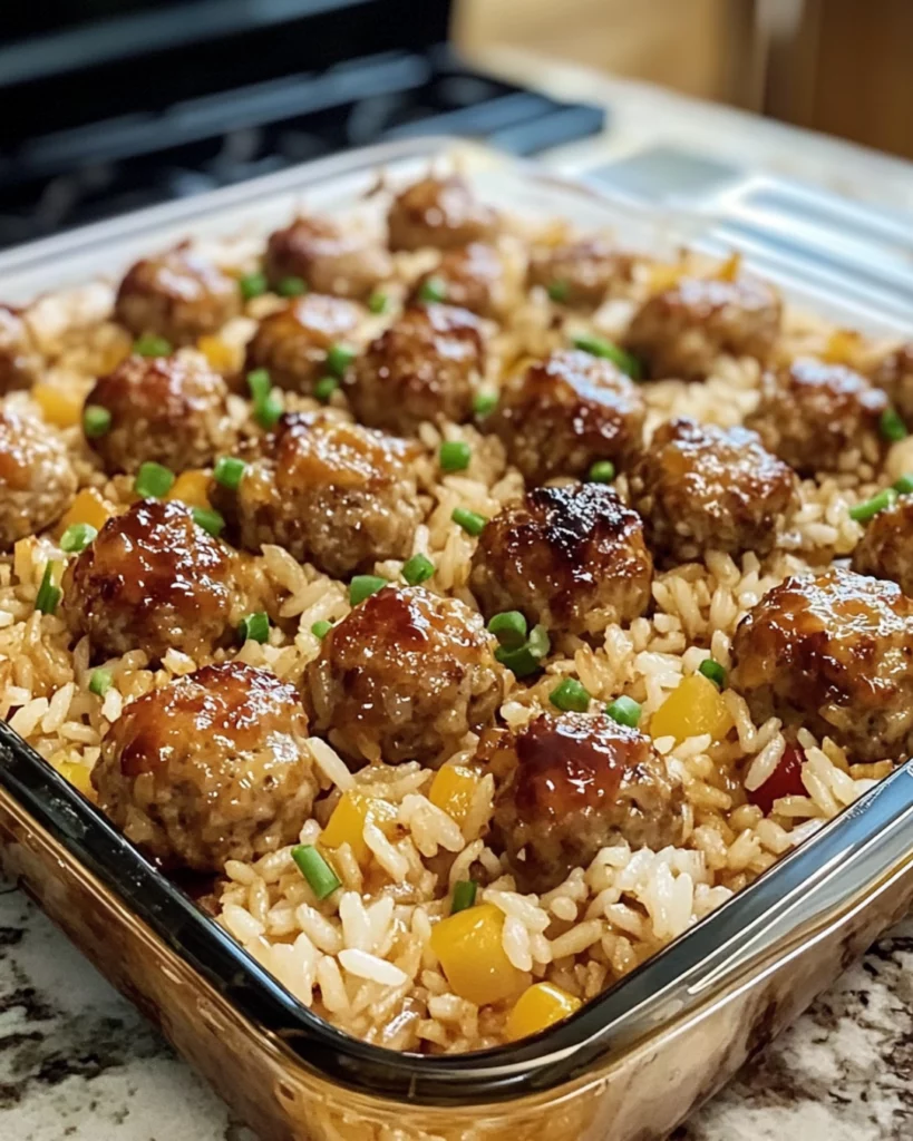Baked honey garlic rice meatballs in casserole dish