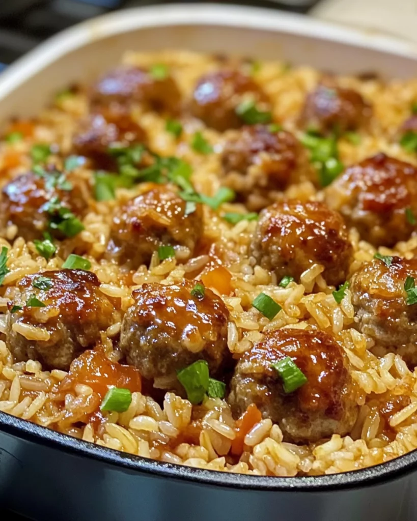 Baked honey garlic rice meatballs in casserole dish