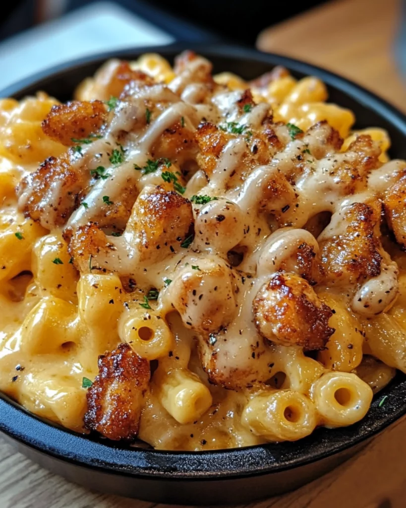 Creamy honey pepper chicken mac and cheese topped with glazed chicken and fresh herbs in a serving dish.