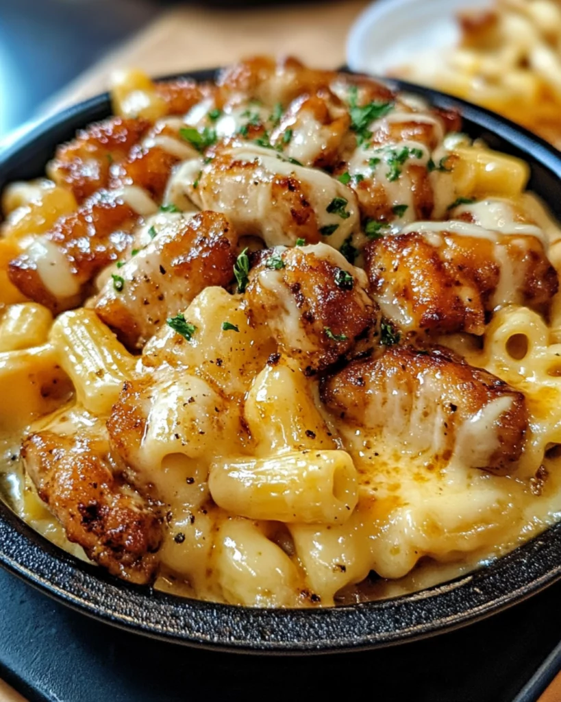 Creamy honey pepper chicken mac and cheese topped with glazed chicken and fresh herbs in a serving dish.