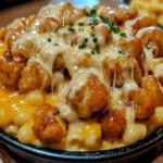 Creamy honey pepper chicken mac and cheese topped with glazed chicken and fresh herbs in a serving dish.