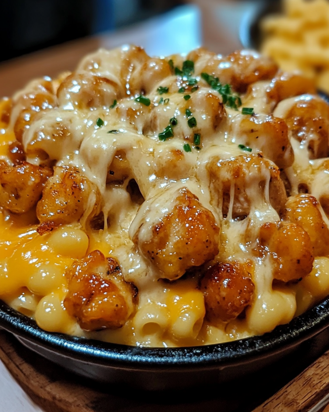Creamy honey pepper chicken mac and cheese topped with glazed chicken and fresh herbs in a serving dish.