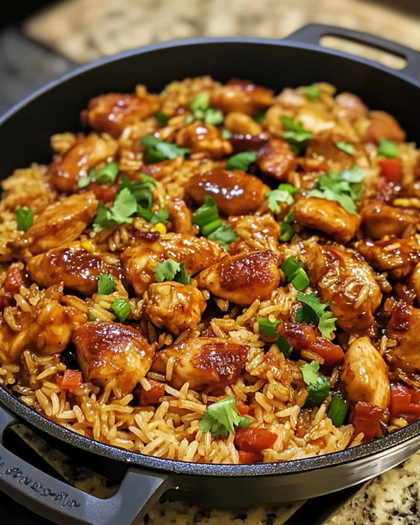 One-pot sweet and spicy sticky teriyaki chicken and rice in skillet