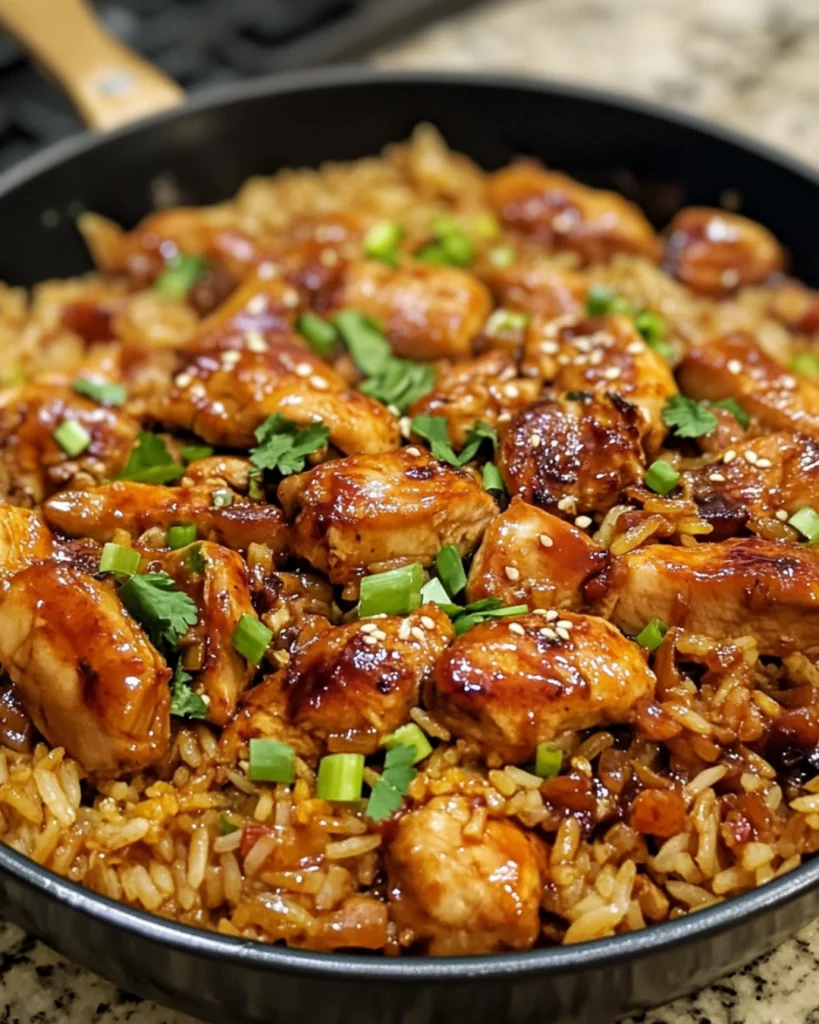 One-pot sweet and spicy sticky teriyaki chicken and rice in skillet