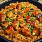 One-pot sweet and spicy sticky teriyaki chicken and rice in skillet