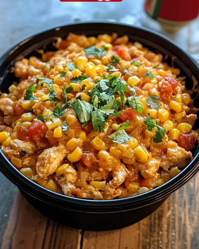 Baked Street Corn Chicken Casserole topped with cotija cheese and fresh cilantro