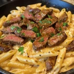 A skillet filled with creamy honey Cajun pasta and tender, seared steak strips, garnished with fresh parsley.