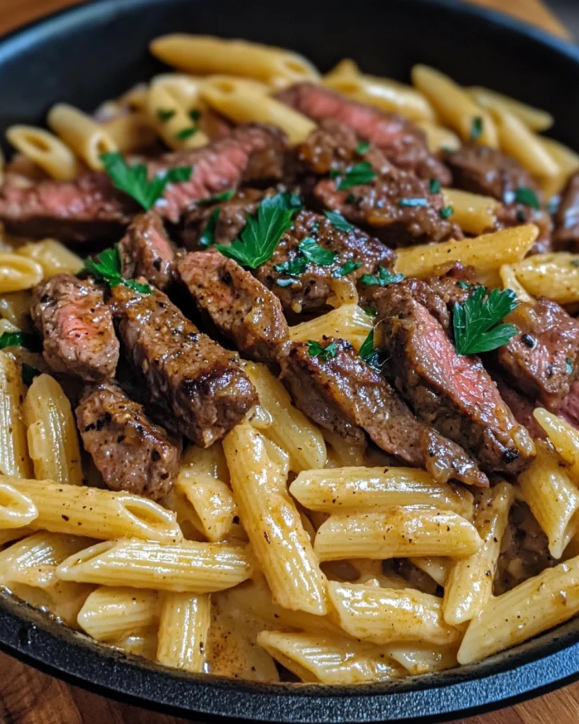 A skillet filled with creamy honey Cajun pasta and tender, seared steak strips, garnished with fresh parsley.