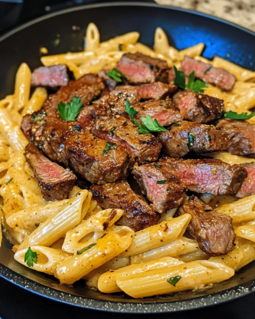 A skillet filled with creamy honey Cajun pasta and tender, seared steak strips, garnished with fresh parsley.