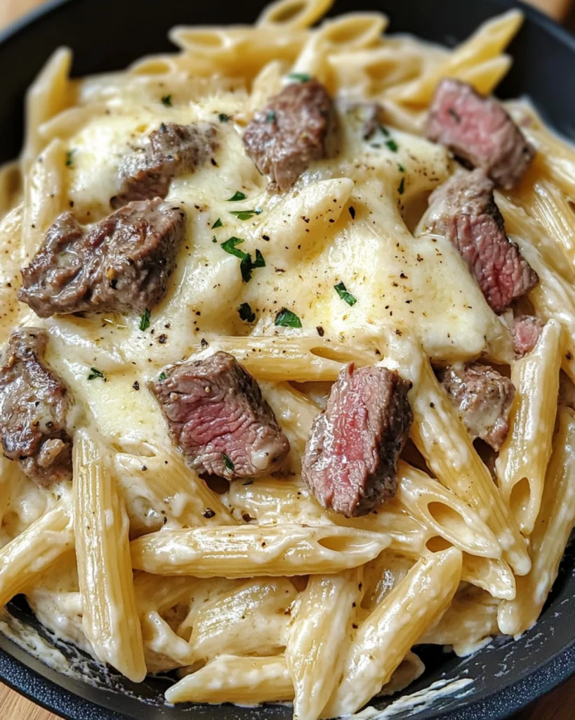A bowl of creamy ranch steak pasta topped with mozzarella and parsley