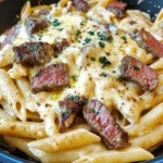 A bowl of creamy ranch steak pasta topped with mozzarella and parsley