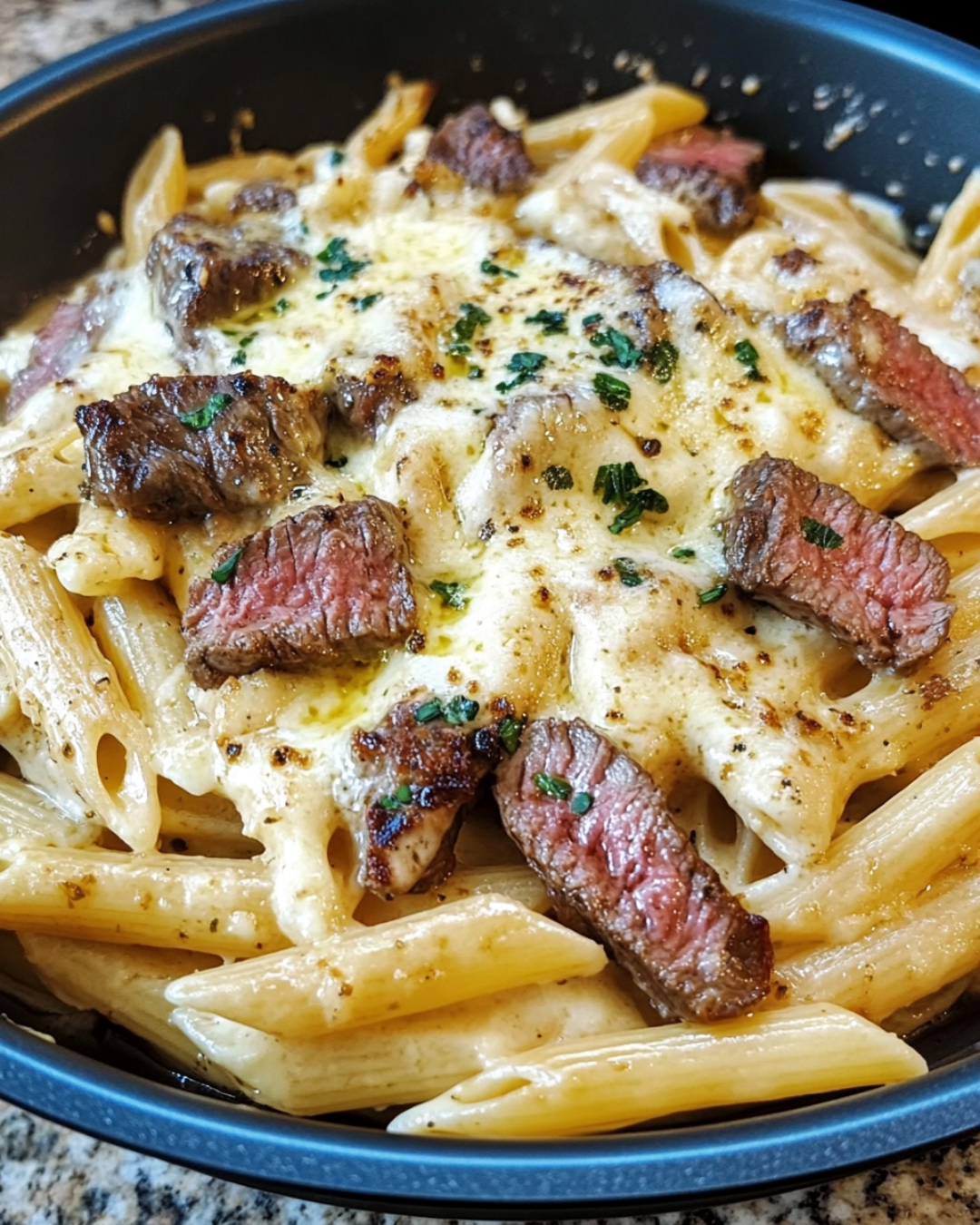 A bowl of creamy ranch steak pasta topped with mozzarella and parsley