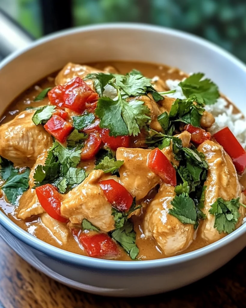 A bowl of Slow-Cooked Thai Peanut Chicken served over jasmine rice, garnished with peanuts, cilantro, and lime wedges.