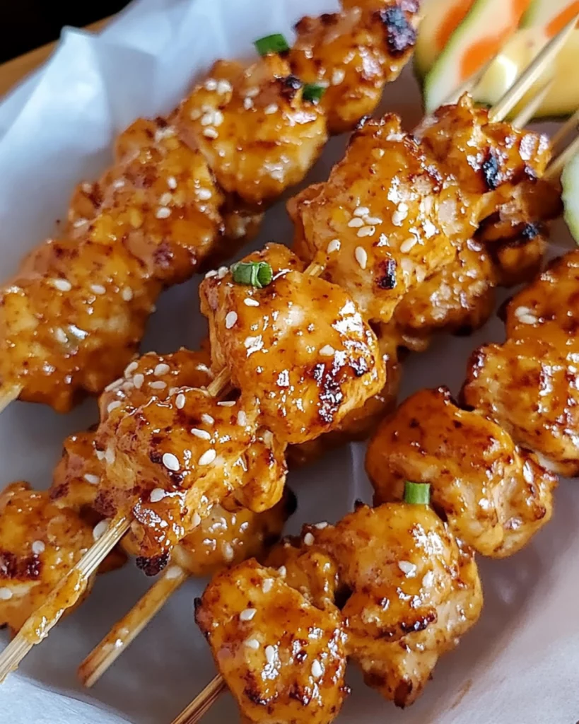 Juicy Bang Bang Chicken Skewers grilled to perfection with a spicy, creamy sauce, served with fresh vegetables.