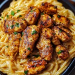 Cajun chicken served over creamy Parmesan linguine pasta with herbs.