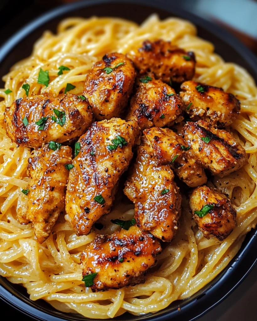 Cajun chicken served over creamy Parmesan linguine pasta with herbs.