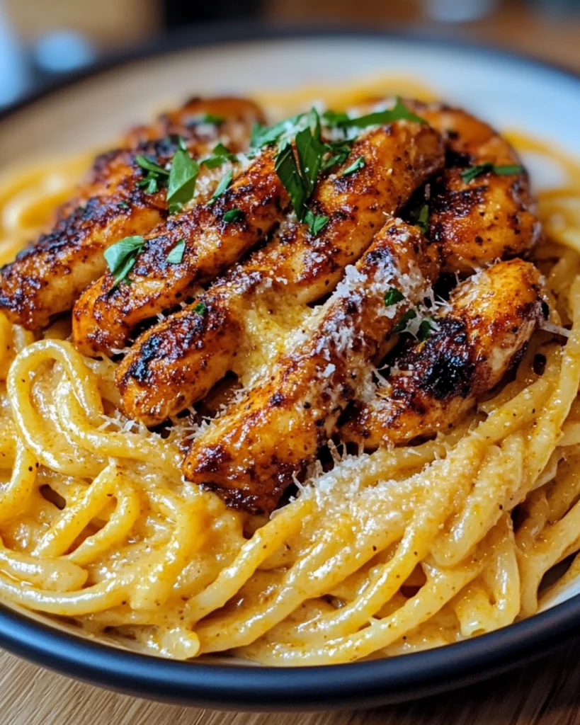 Cajun chicken served over creamy Parmesan linguine pasta with herbs.