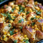 Baked Street Corn Chicken Casserole topped with cotija cheese and fresh cilantro