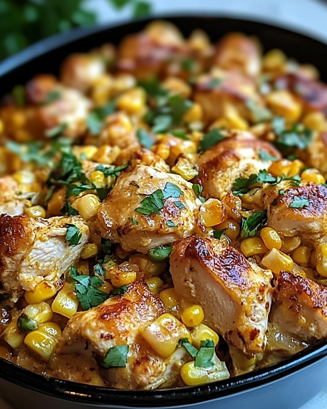 Baked Street Corn Chicken Casserole topped with cotija cheese and fresh cilantro