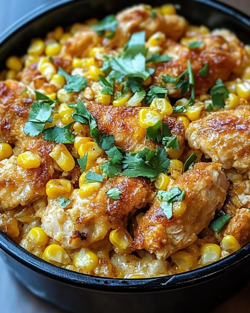 Baked Street Corn Chicken Casserole topped with cotija cheese and fresh cilantro