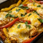 Cheesy baked fajita chicken with melted cheese and colorful bell peppers in a baking dish.