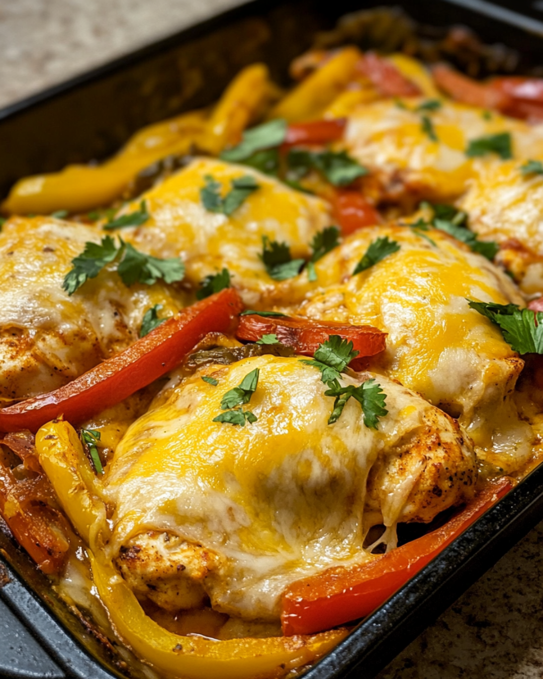 Cheesy baked fajita chicken with melted cheese and colorful bell peppers in a baking dish.