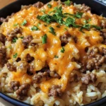 Cheesy Ground Beef Rice Casserole in a baking dish with melted golden cheese on top.