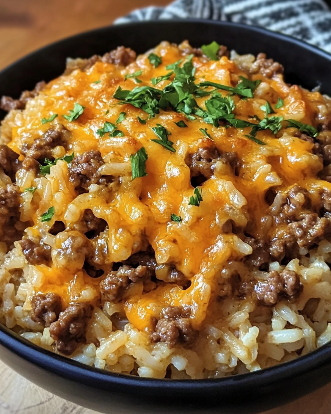 Cheesy Ground Beef Rice Casserole in a baking dish with melted golden cheese on top.