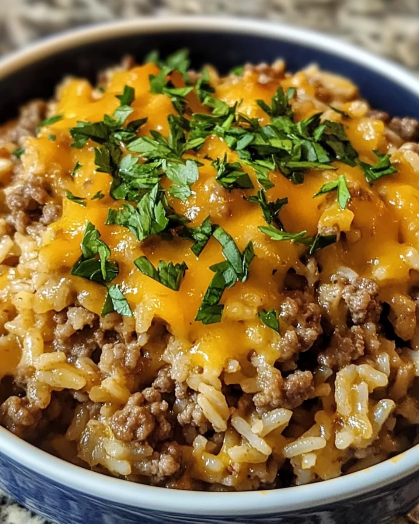 Cheesy Ground Beef Rice Casserole in a baking dish with melted golden cheese on top.