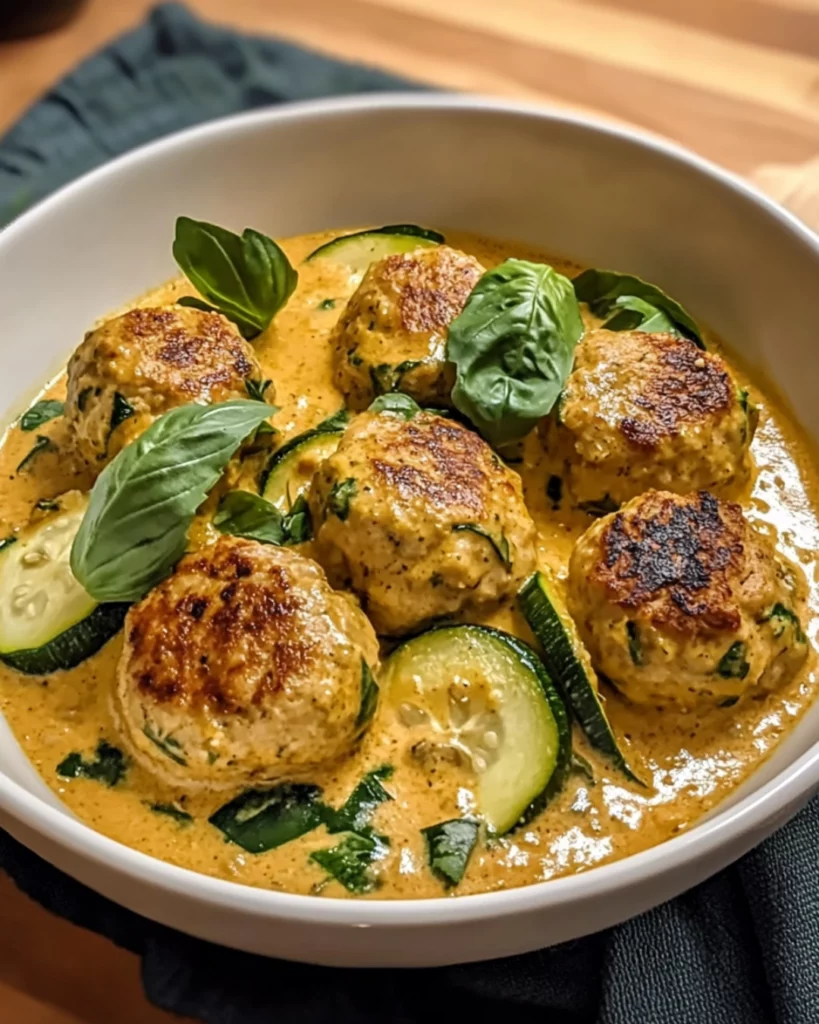 A bowl of Thai Chicken Zucchini Meatballs in Coconut Curry, garnished with fresh basil and served with rice.