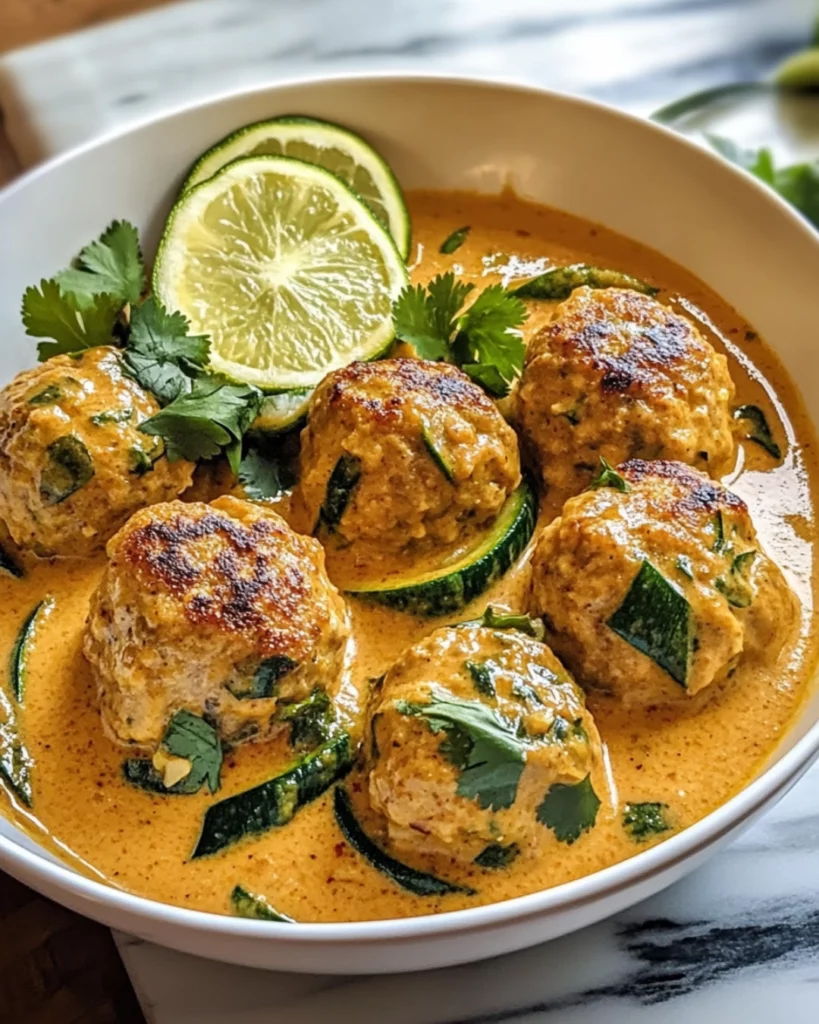 A bowl of Thai Chicken Zucchini Meatballs in Coconut Curry, garnished with fresh basil and served with rice.