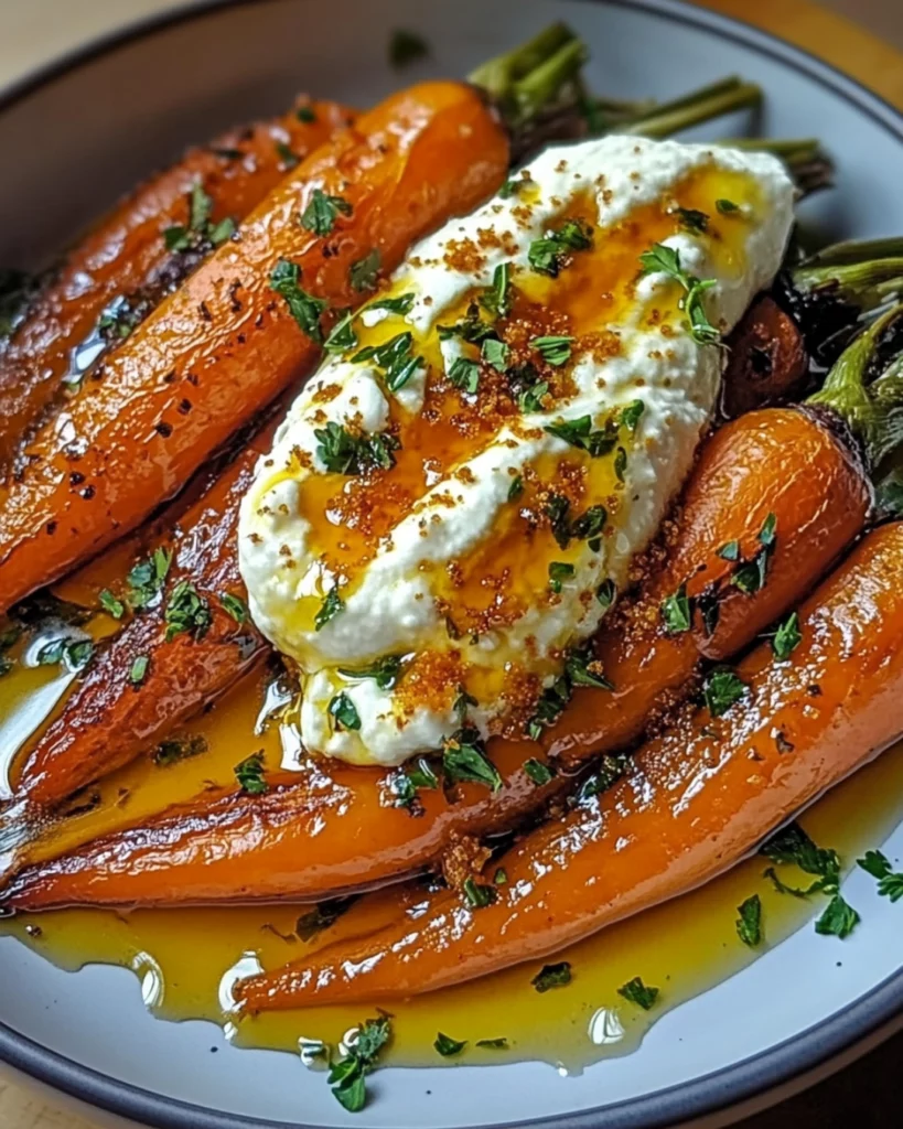 Roasted carrots on whipped ricotta with hot honey drizzle