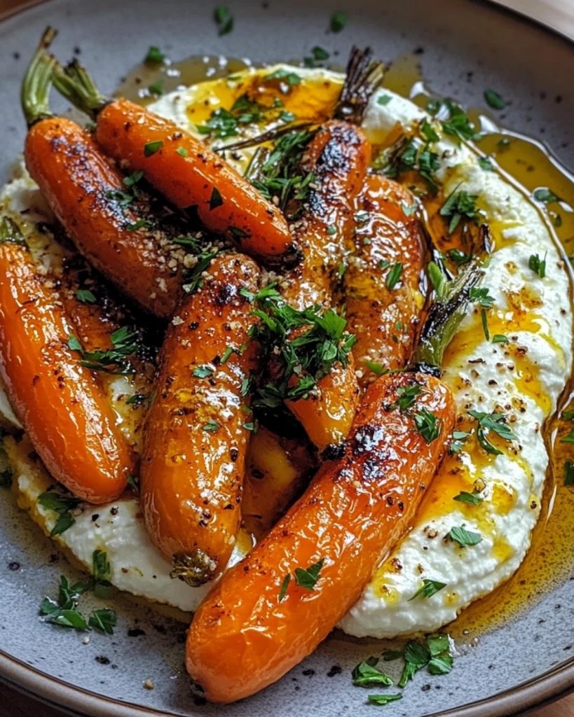 Roasted carrots on whipped ricotta with hot honey drizzle