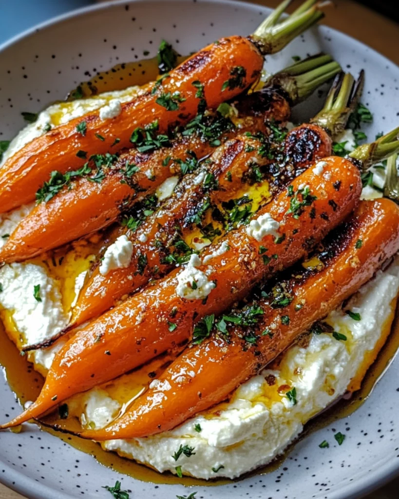 Roasted carrots on whipped ricotta with hot honey drizzle