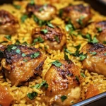 Golden baked chicken thighs on fluffy seasoned rice in a baking dish